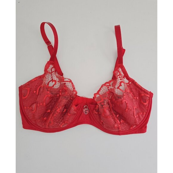 Savage X Fenty Glossy Flossy Quarter Cup Red Heart Sheer Underwire Bra 36DDD - Picture 1 of 11
